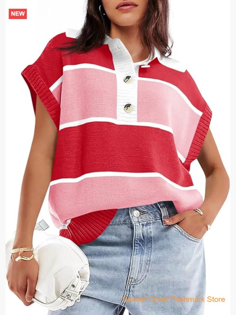 Striped V-Neck Button Down Short Sleeve Knit Sweater